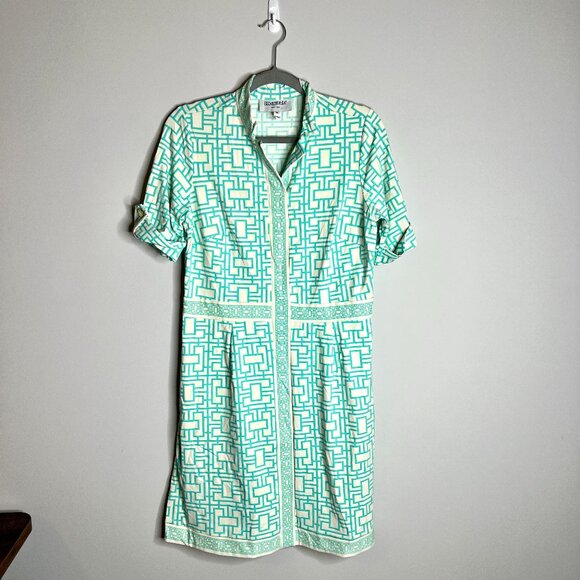 Elizabeth McKay Bamboo Geometric Print Nylon Spandex Button Front Shift Dress M - Picture 1 of 6